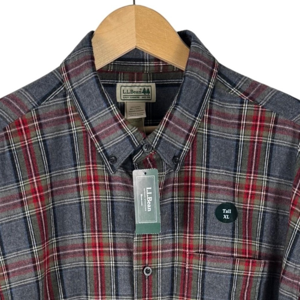LL Bean Flannel Shirt Mens XL Tall Gray Red Plaid Cotton Button Down 228066 NEW